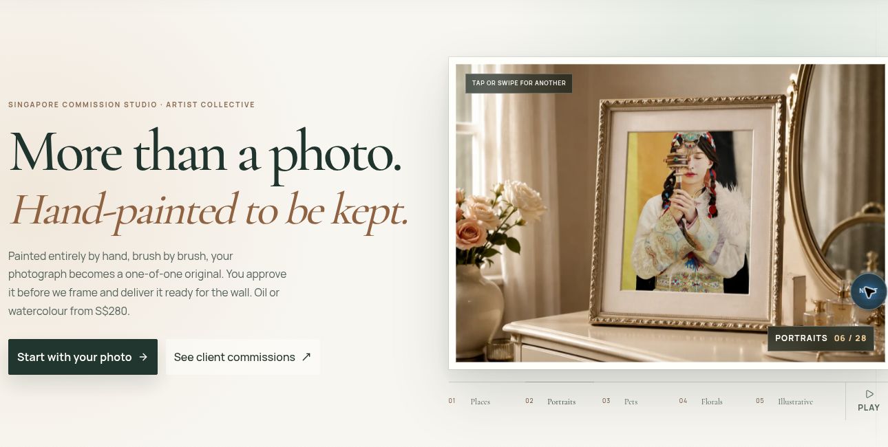 Morrow Atelier website showcasing commissioned artwork